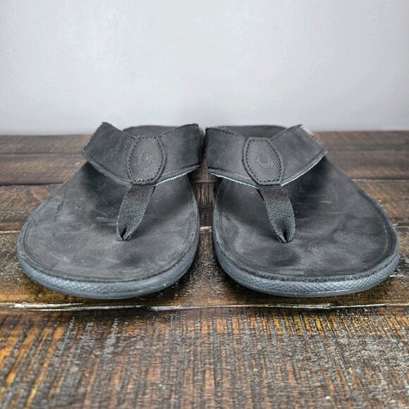OluKai Tuahine Mens Size 12 Beach Flip Flops Sandals Leather Black - Picture 3 of 11